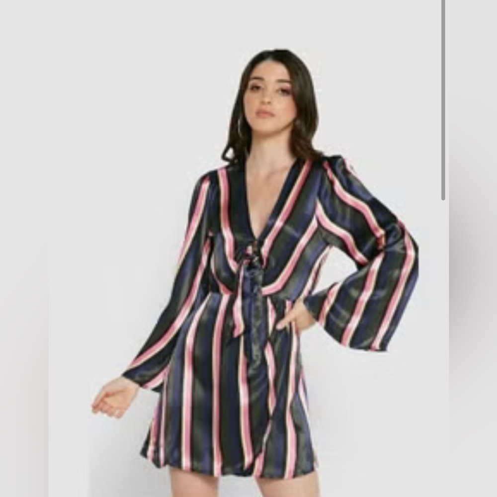 TOP SHOP STRIPED KNOT FRONT LONG SLEEVE MINI DRESS SIZE 12 NEW